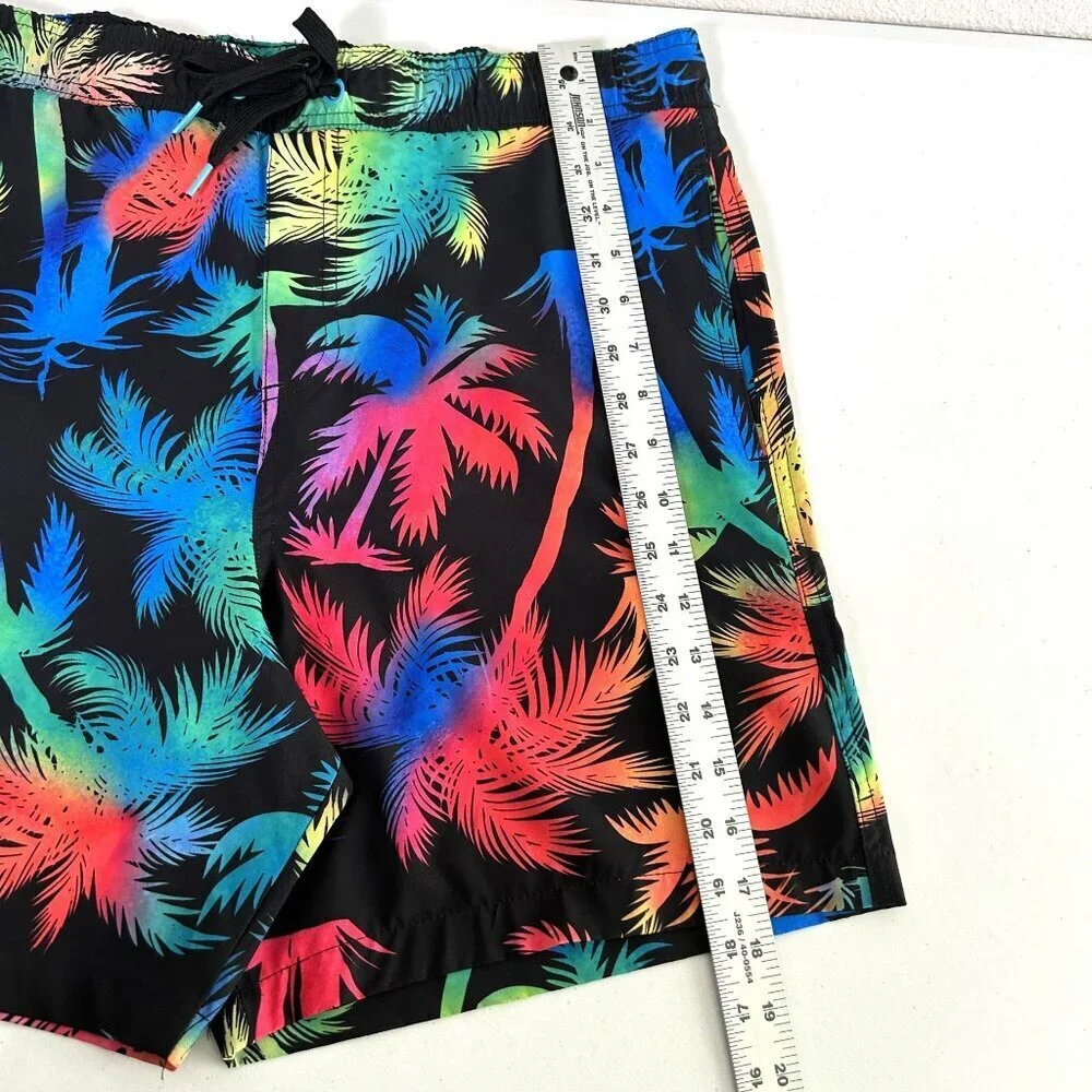 Surf Society Swim Trunks Shorts Mens Size L Black Neon Ombre Palm Floral Pockets